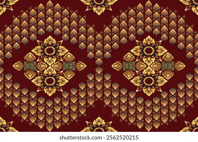 Traditional Thai Art Design Featuring Golden Floral and Lotus Patterns on Deep Red Background - Intricate Decorative Motif for Textiles, Wall Art, and Asian-Inspired Home Decor Projects