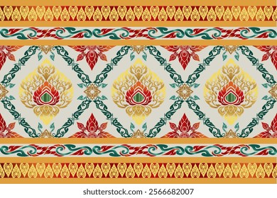 Traditional Thai Art Design - Intricate Golden Lotus Motifs with Red, Green, and Teal Accents, Perfect for Cultural Decor, Textile Patterns, and Heritage-Inspired Creative Projects