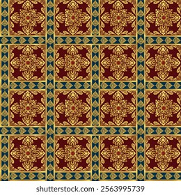 Traditional Thai Art Design with Ornate Gold Floral Motifs, Geometric Patterns, and Rich Maroon Background Accented with Blue, Ideal for Cultural Decor, Textile Prints, and Heritage-Inspired Art 