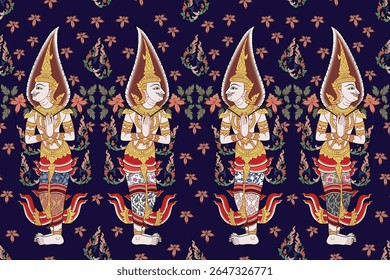 Traditional Thai art doorkeeper delicate in damask style for wallpaper, curtain, clothing, textile and fabric design isolated over dark blue background.