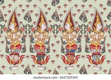 Traditional Thai art doorkeeper pattern in damask style motif suitable for wallpaper, clothing, curtain, textile and fabric design isolated illustration vector archive EPS file.