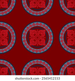 Traditional Thai Art Pattern with Circular Red and Blue Motifs, Intricate Floral Designs, and Heart-Shaped Elements - Perfect for Cultural Artwork, Textile Designs, Wallpaper, and Decorative Projects