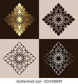 Traditional Thai art pattern set. Prajam Yam. Solid dark brown and line art decorative design elements. Gradient gold and silver. Vector illustration.