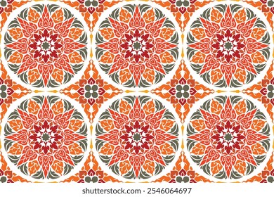 Arte tradicional tailandés sin fisuras patrón floral círculo colorido en motivos de estilo damasco conveniente envoltura de impresión de la cubierta para el Fondo de pantalla, cortina, tela, azulejos y diseño de la tela aislada.