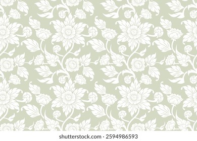 Traditional Thai art seamless floral pattern in damask style motifs suitable for wallpaper, clothing, curtain, textile, tile, blanket and fabric design isolated illustration vector archive EPS file.