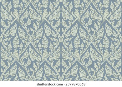 Traditional Thai art seamless floral arabesque pattern in damask style motifs suitable for wallpaper, curtain, cloth, textile, tile, blanket and fabric design isolated illustration vector EPS file.