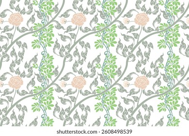 Traditional Thai art seamless floral pattern in damask style motifs suitable for wallpaper, clothing, curtain, textile, tile, blanket and fabric design isolated illustration vector archive EPS file.