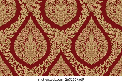 Traditional Thai art seamless floral pattern in damask style motifs suitable for wallpaper, cloth, curtain, textile, tile and fabric design isolated illustration vector archive EPS file.
