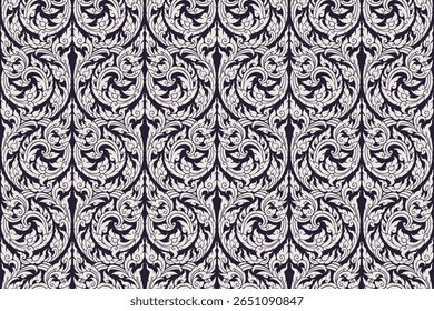 Traditional Thai art seamless floral pattern in damask style motif suitable for wallpaper, cloth, curtain, textile, tile and fabric design isolated illustration vector archive EPS file.