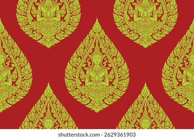 El arte tradicional tailandés sin fisuras patrón de color dorado motivo adecuado para el Fondo de pantalla, textil, azulejo, tela y diseño de tela aislado sobre fondo de color rojo Archivar archivo EPS.