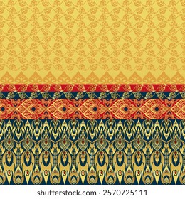 Traditional Thai Art-Inspired Pattern with Ornamental Gold and Red Details, Symmetrical Layers, and Intricate Decorative Motifs on a Luxurious Golden Yellow Background