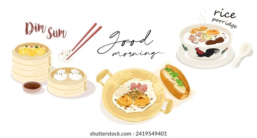 Traditional Thai Breakfast Delights - Dim Sum, Fried eggs, and Rice Porridge vector illustratiion isolated