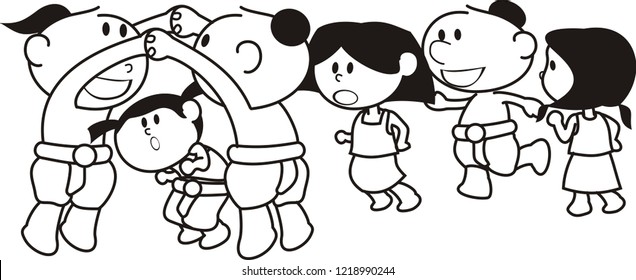 Traditional Thai children play traditional Thai game.Black & white vector.