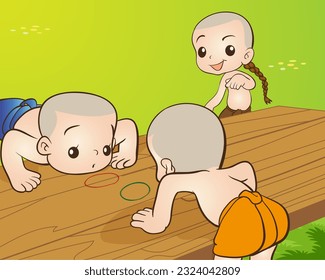 Traditional Thai Children are playing game. traditional Thai game.traditional Thai Kid game cartoon illustration