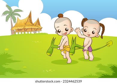 Traditional Thai Children are playing game. traditional Thai game.traditional Thai Kid game cartoon illustration