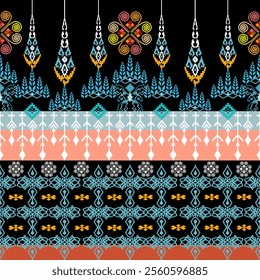 Traditional Thai cloth pattern clothing Thai ethnic sarong Cross-stitch pattern in Pixel Seamless Vector format using geometric shapes arranged into various shapes such as flowers, stars,