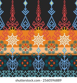 Traditional Thai cloth pattern clothing Thai ethnic sarong Cross-stitch pattern in Pixel Seamless Vector format using geometric shapes arranged into various shapes such as flowers, stars,