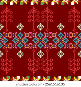  Traditional Thai cloth pattern clothing Thai ethnic sarong Cross-stitch pattern in Pixel Seamless Vector format using geometric shapes arranged into various shapes such as flowers, stars