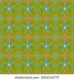  Traditional Thai cloth pattern clothing Thai ethnic sarong Cross-stitch pattern in Pixel Seamless Vector format using geometric shapes arranged into various shapes such as flowers, stars