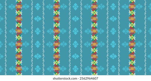 Traditional Thai cloth pattern clothing Thai ethnic sarong Cross-stitch pattern in Pixel Seamless Vector format using geometric shapes arranged into various shapes such as flowers, stars