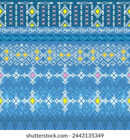 Traditional Thai cloth pattern Thai ethnic sarong Cross stitch pattern in horizontal Pixel Seamless Vector format using geometric shapes arranged in various shapes such as flowers and stars.