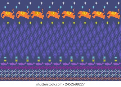 Traditional Thai cloth pattern Thai ethnic sarong Cross stitch pattern in horizontal Pixel Seamless Vector format using geometric shapes arranged in various shapes such as elephants flowers and stars.