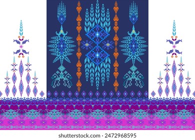 Traditional Thai cloth pattern Thai ethnic sarong Cross stitch pattern in horizontal Pixel Seamless Vector format using geometric shapes arranged in various shapes such as tree flowers and stars.