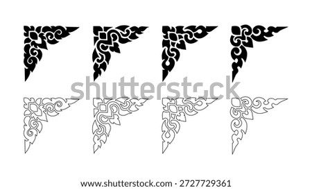 Traditional Thai corner border ornament set featuring floral motifs in solid and outline styles. Clean vector elements ideal for frames, backgrounds, cultural design, branding, and commercial use.