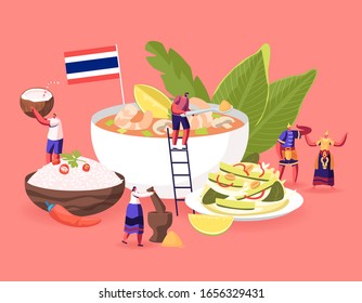 Traditional Thai Cuisine Concept. People in National Costumes and Tourists around Huge Dish Tom Yam Kung Soup with Shrimps, Rice in Bowl, Salad with Nuts and Cucumbers. Cartoon Vector Illustration