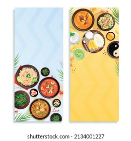 Traditional thai cuisine vertical banners decorated by ceramic plates with tom yum goong pad thai kanom jeen dishes flat vector illustration