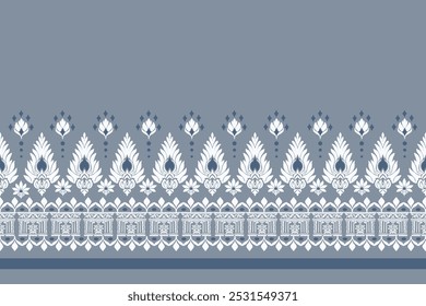 A traditional Thai damask border pattern in soft blue and white, featuring intricate floral and geometric elements. This design is ideal for textile, wallpaper, and decorative applications, embodying 