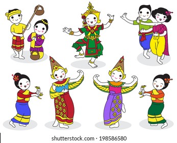 Traditional Thai Dancers character illustration set