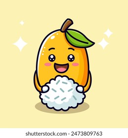 The traditional Thai dish, Mango Sticky Rice, is depicted as a cute cartoon character and is suitable for branding and promotion of culinary businesses, especially on Asian desserts or dishes.