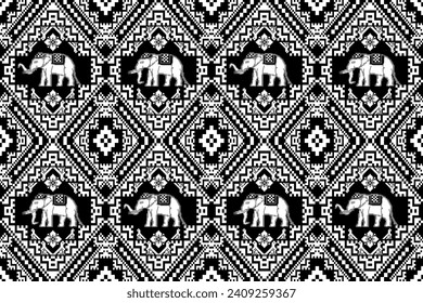 Traditional Thai Elephant Black and White Pixel Art Seamless Pattern.  Vector design for fabric, carpet, clothing, embroidery, wallpaper, and background