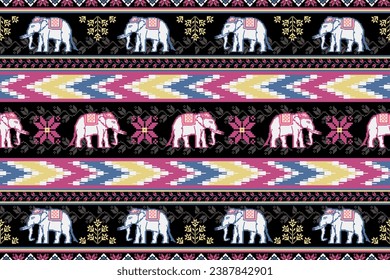 Traditional Thai Elephant Pixel Art Ethnic Pattern.  Vector Seamless Pattern design for fabric, carpet, clothing, embroidery, background, and wallpaper