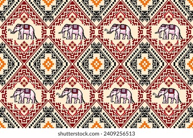 Traditional Thai Elephant Pixel Art Colorful Seamless Pattern.  Vector design for fabric, carpet, tile, embroidery, clothing, wallpaper, and background