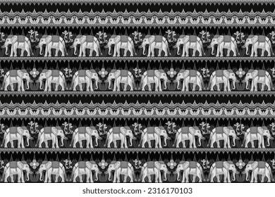 Traditional Thai Elephant seamless pattern with floral and pagoda.  Seamless pattern vector design for fabric, carpet, embroidery, wallpaper and background