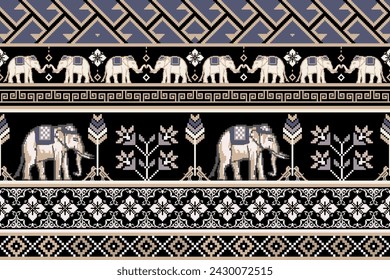 Traditional Thai Elephant Seamless Pattern with Floral on Black Background.  Vector design for fabric, carpet, tile, embroidery, wrapping, background, and wallpaper