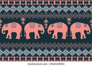 Traditional Thai Elephant Seamless Pattern. Vector Illustration ethnic embroidery style, Ancient Greece, pixel art design for fabric, carpet, tile, wrapping, textile, wallpaper, and background