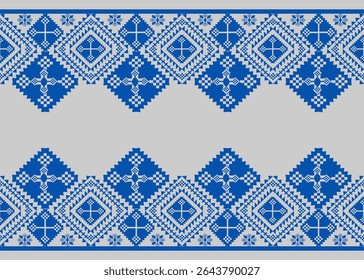 Traditional Thai ethnic pattern in blue geometric style, featuring symmetrical diamond shapes and decorative textile borders. Ideal for fabric, background, and cultural designs.

