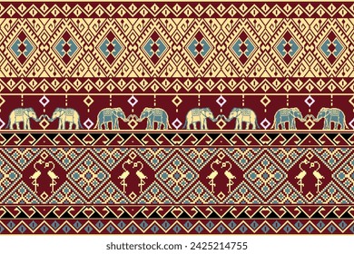 Traditional Thai Ethnic Seamless Pattern with Elephants and Birds.  Vector design for fabric, carpet, clothing, embroidery, wallpaper, and background