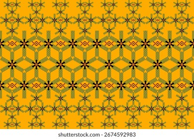 Patrón tradicional de tela tailandesa con motivos florales geométricos en verde, naranja y negro sobre un fondo dorado, inspirado en el arte textil tejido a mano, perfecto para el diseño y la decoración.