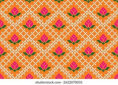 vêtements traditionnels thaïlandais motifs de tissu, thaïlandais ethniques sarongs au point de croix style dans le format d'Image vectorielle harmonieux de pixel, en utilisant des formes géométriques disposées en diverses formes telles que des fleurs