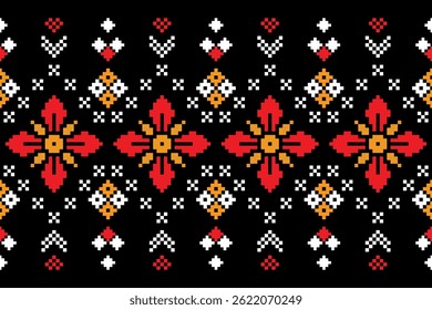 traditional Thai fabric patterns clothing, Thai ethnic sarongs cross-stitch style in the pixel seamless vector format, using geometric shapes arranged in various shapes such as flowers, stars