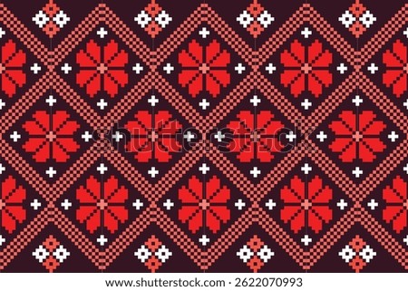 traditional Thai fabric patterns clothing, Thai ethnic sarongs cross-stitch style in the pixel seamless vector format, using geometric shapes arranged in various shapes such as flowers