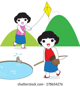 Traditional Thai Fish Catching And Kite Flying character illustration