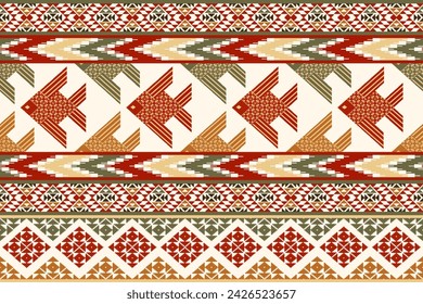 Traditional Thai Fish Ornament on Seamless Pattern.  Vector Pixel Art design for fabric, carpet, tile, clothing, wallpaper, and background 