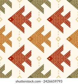 Traditional Thai Fish Ornament Seamless Pattern.  Vector design for fabric, printing, gift wrapping, background and wallpaper