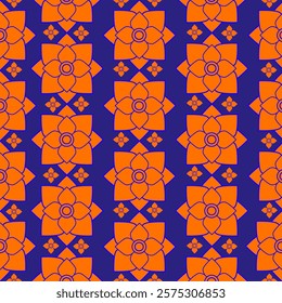 Traditional Thai flower seamless pattern on orange and blue background.