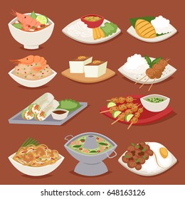 Traditional thai food asian plate cuisine thailand seafood prawn cooking delicious vector illustration.